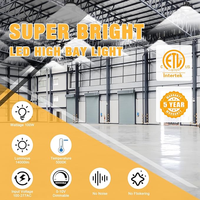 UFO LED High Bay Light 100W 8Pack, High Bay LED Shop Lights 14,000LM Dimmable, 6' Cable with US Plug, Hanging Hook, Safe Rope, High Bay LED Light for Warehouse Factory Barn Shop