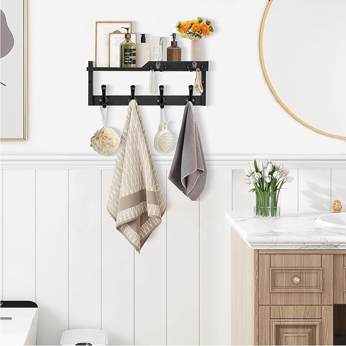Coat Rack Wall Mount with Shelf, Coat Hanger Wall Mount with Key Hooks and Mail Holder, Wood Entryway Floating Shelf with Hooks and Storage, Hat Rack for Wall Key Holder Mail Organizer