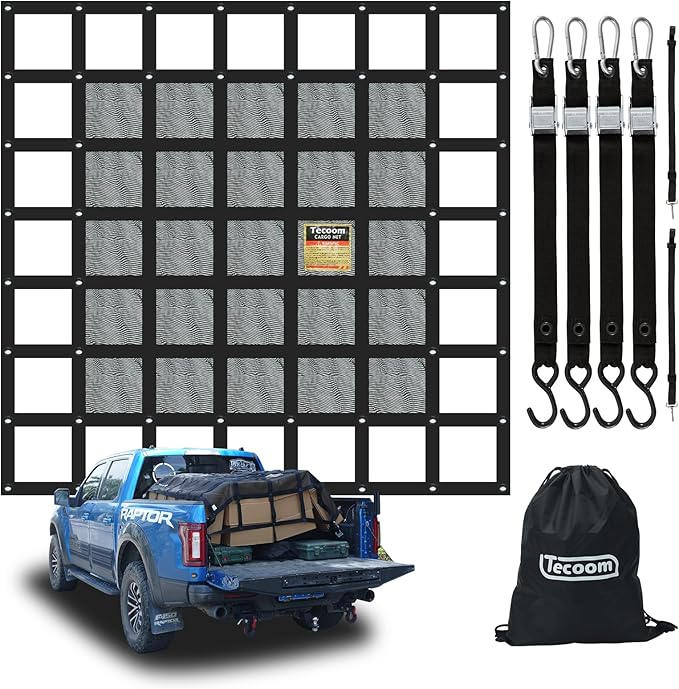 Tecoom Truck Bed Cargo Net, 7.12'x6.66' Heavy Duty for Pickup Truck Bed with Adjustable Cam Buckles, 4 S-Hooks, 2 Cross Strap, 1,500 lbs Capacity Accessory