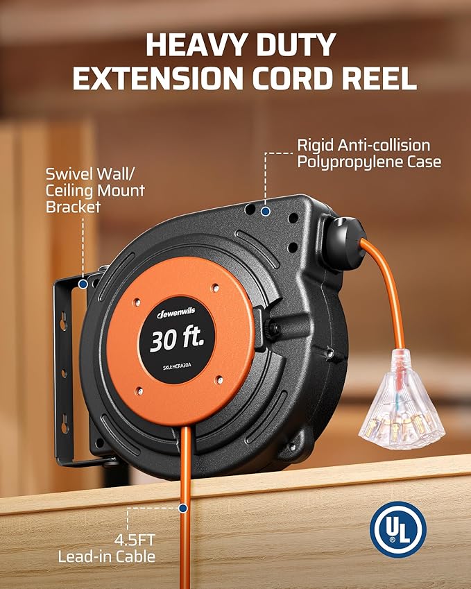 DEWENWILS 30FT Retractable Extension Cord Reel, 16/3C SJTW Heavy Duty Power Cord, Lighted Triple Outlets, 10A Circuit Breaker, Lightweight 180° Swivel Bracket, Ceiling/Wall Mount, ETL Listed, Orange