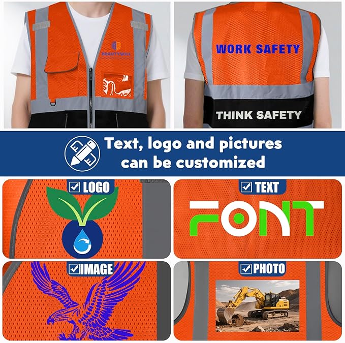 BeautyWill 10/20 Pack Custom Logo Safety Vest,Bulk High Visibility Class 2 Reflective Work Vests
