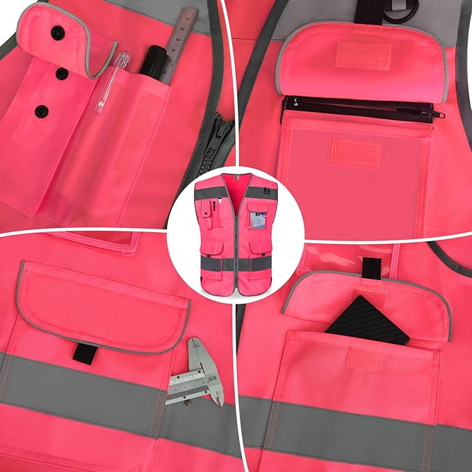 TCCFCCT High Visibility Vest 9 Pockets Hi Vis Reflective Safety Vest for Men Women, Construction Vest with Reinforced Sewing, Durable to Use, Meets ANSI/ISEA Standards, (Pink, 4X-Large)
