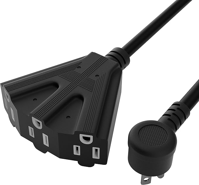 14/3 Gauge Heavy Duty Outdoor Extension Cord 10 FT, 90 Degree Angled 3 Prong Plug, 14 Gauge Power Cable with 3 Outlets, 14AWG, 15A, 125V, 1875W, ETL Listed, Black Wire, with Free Carrying Strap+Ties