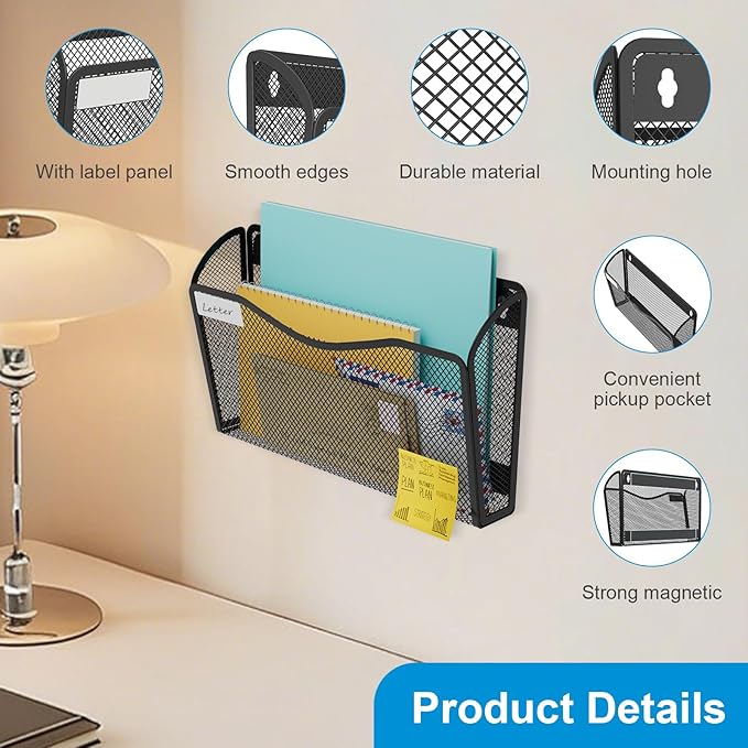 Magnetic Wall File Holder 3-Pack - Mesh Organizer with Strong Magnets for Office, Home & School - Space Saving Black Document Organizer