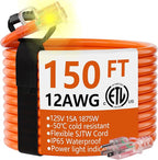 HUANCHAIN 12/3 Gauge 150 ft Outdoor Extension Cord Waterproof Heavy Duty with Lighted end, Flexible Cold-Resistant 3 Prong Electric Cord Outside, 15Amp 1875W 12AWG SJTW, Orange, ETL