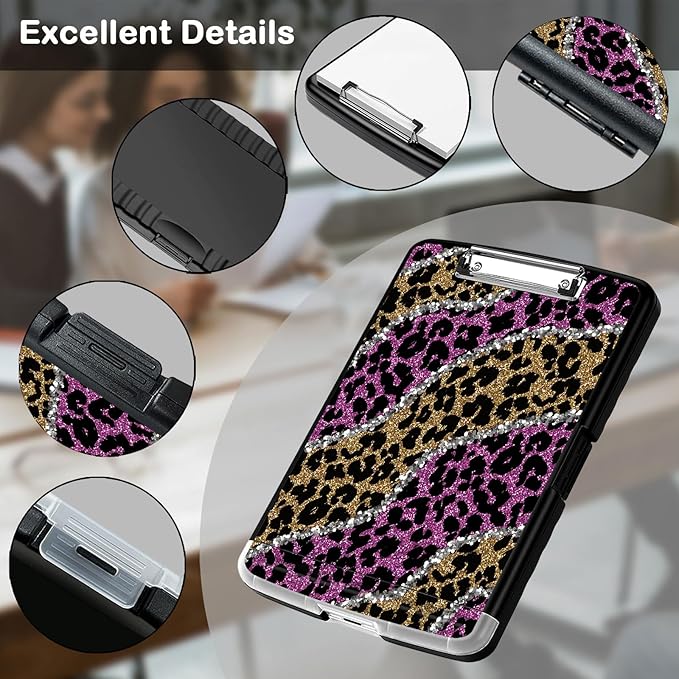 Clipboard with Storage,Office Supplies Nursing Clipboards Folder with Pen Holder Plastic Storage ClipBoard Foldable for Teacher Nurse,Pink Golden Leopard