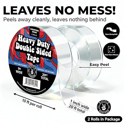 HIPPIE CRAFTER Strong Double Sided Tape Heavy Duty Wall Tape or Mounting Transparent Clear Nano Reusable and Removable Roll 1" x 10FT - 2 Pack