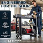 Olympia Tools Heavy Duty Utility Work Cart | 2 in 1 Convertible 3 Shelf to Flat Top Workstation | 660 lb Capacity, HDPE Frame, Ladder Hook, 4 Swivel Wheels | Tool Carts for Garage & Maintenance