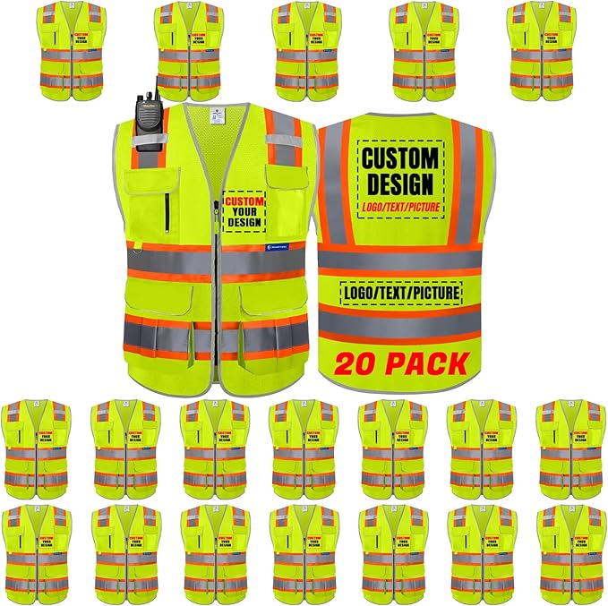 BeautyWill Custom Logo 10 Pockets Safety Vest Class2 ANSI Certified High Visibility Reflective Vest