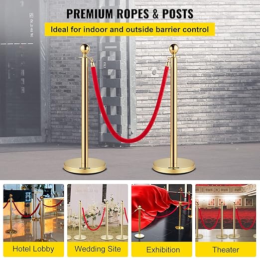 VEVOR Stanchions and Velvet Ropes 4Pcs, Solid Base with Stainless Steel Post, 5ft Red Velvet Ropes and Posts, Crowd Control Barriers Gold Stanchions, Red Carpet Runner Poles for Party Supplies