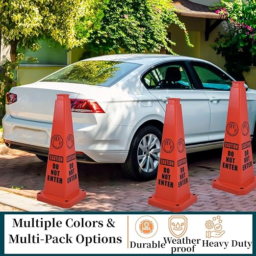 BESEA Caution Cone 3 Pack, 28" Caution Cone with Weighted Base, Red 4-Sided “Cantion Do NOT Enter ” Warning Cone for Creation Area Driveways, Business Parking Lots, Garages, Indoor/Outdoor