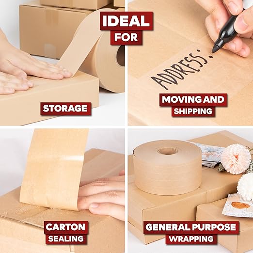 XFasten Water Activated Tape Brown with Reinforced Fiberglass Backing 2.75-Inch x 375-Feet (8-Pack, 3000ft Total) Water Activated Gummed Paper Tape Brown Kraft Paper Packaging Roll for Moving Boxes