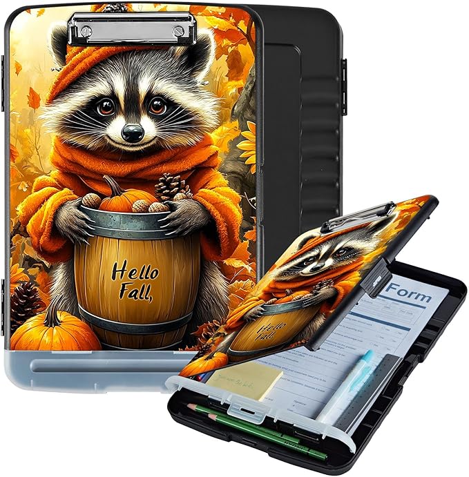Clipboard with Storage Box & Pen Holder,Heavy Duty Clip Boards 8.5x11 for Nursing,High Capacity,School & Office Supplies,Fall Raccoon