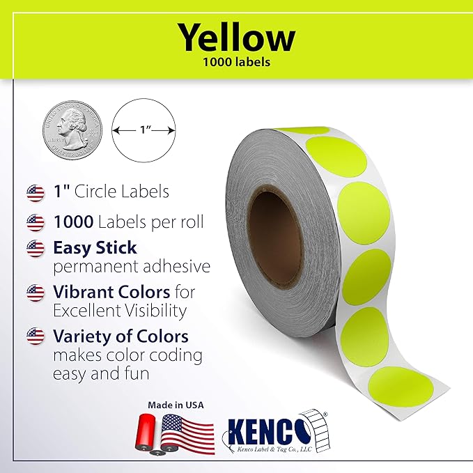 Kenco Color Coding Circle Dot Sticker Labels on a roll (Bright Yellow, 1 INCH 1000 Stickers)