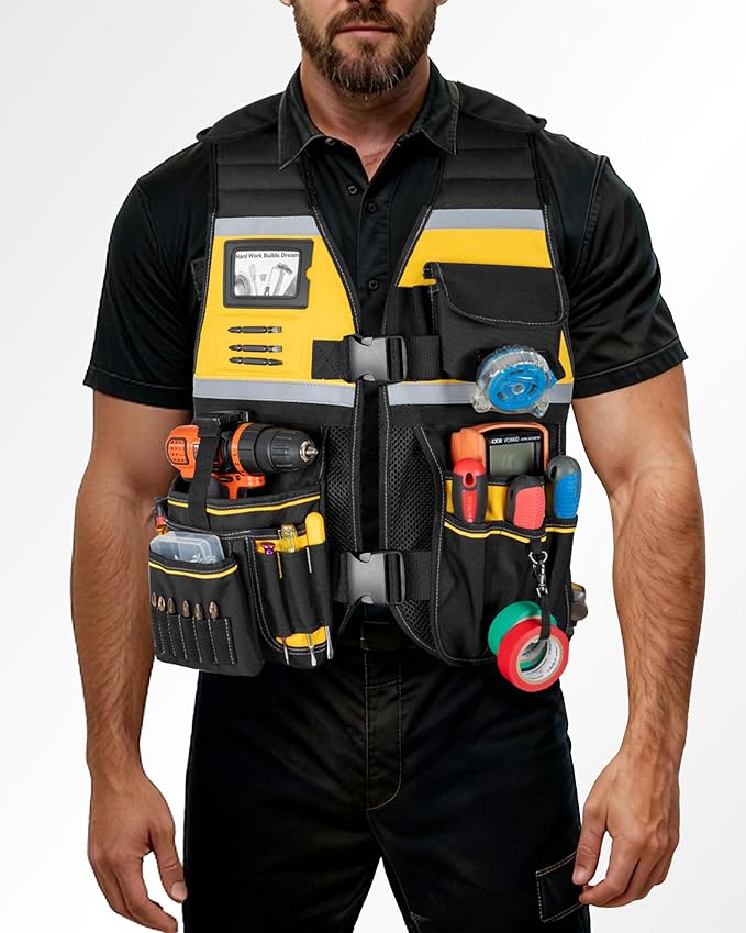 Tool Vest for Men with Adjustable Strap, Reflective Safety Work Vest for Electrician, Carpenter, Construction, Black and Yellow