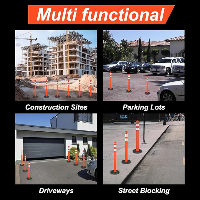 42" Traffic Delineator Posts,6 Pack Orange Safety Cones with Reflective Collars and Weighted Base for Road Safety, Parking Lots