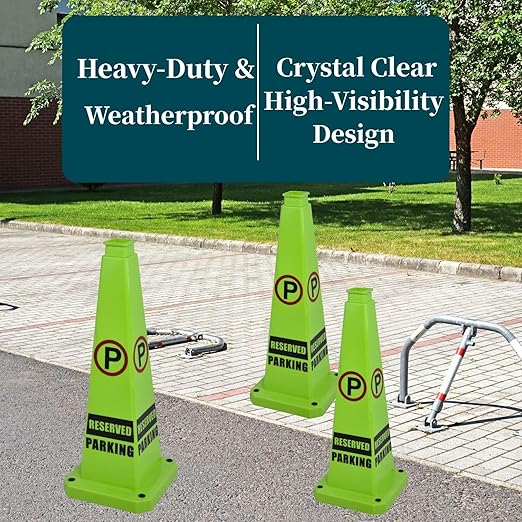 BESEA Reserved Parking Cone 3 Pack, 28" No Parking Sign Cone with Weighted Base, Green 4-Sided “ Reserved Parking” Warning Cone for Driveways Business Parking Lots Garages Indoor/Outdoor