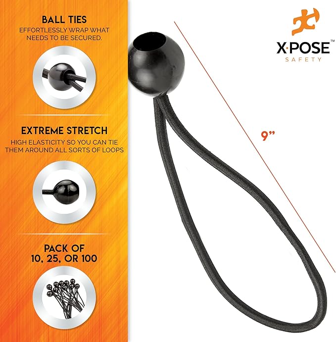 Xpose Safety Bungee Ball Cords 9" 100 Pack Heavy Duty Black Stretch Rope with Ball Ties for Canopies, Tarps, Walls, Cable Organization