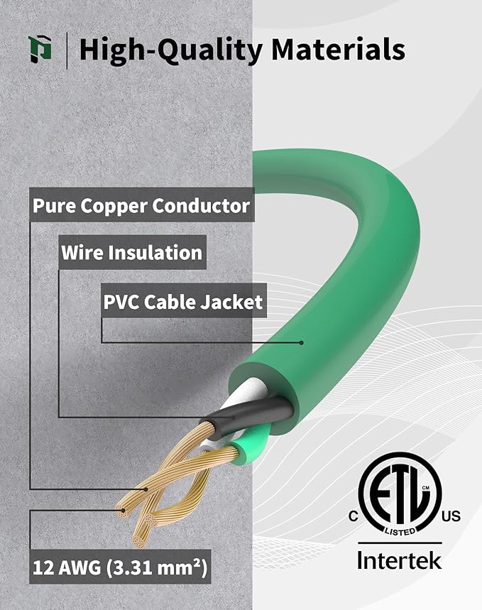 50Ft 12/3 Outdoor Extension Cord with 3-Outlets, Heavy Duty 12 Gauge 3 Prong Extension Cord Waterproof with Lighted end, 15A 12AWG 1875W SJTW, ETL Listed - Great for Garage, Garden and Home, Green