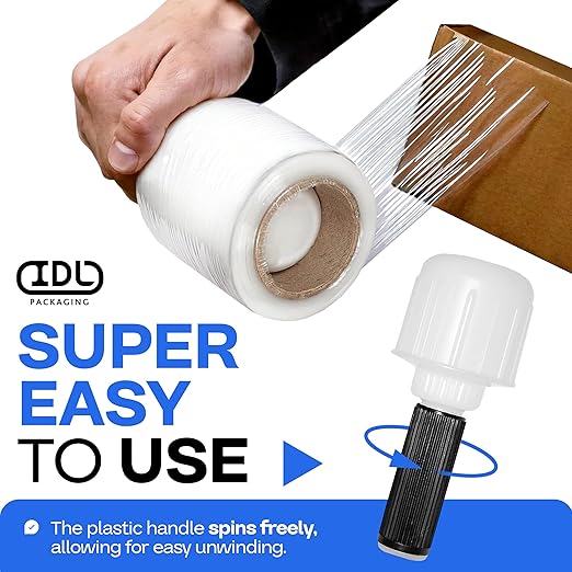 IDL Packaging 3" Stretch Wrap Mini Roll, 700 feet, 120 Gauge (Pack of 2) with a Plastic Handle Included – Industrial Grade Clear Plastic Wrap – Improved Protection for Packing, Moving, or Office