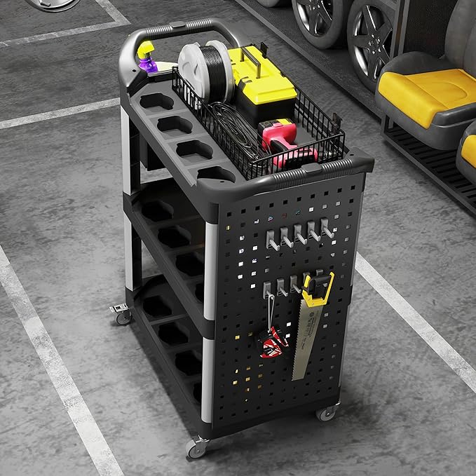 HOMCOM 3 Tier Utility Cart on Wheels, Rolling Tool Storage with Pegboards and Bucket, 200 LBS Load Capacity Plastic Service Cart for Garage, Warehouse, Workshop, Black and Light Gray