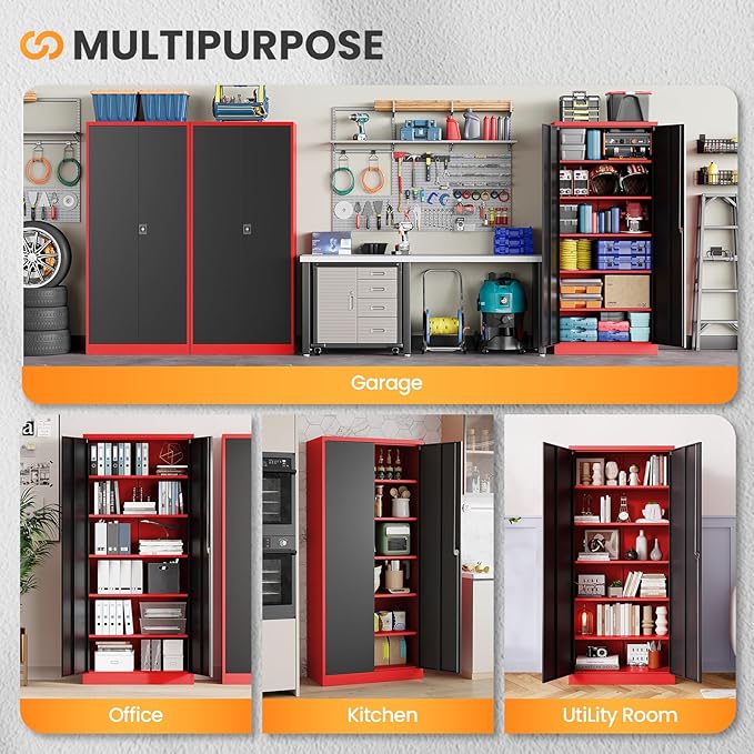 Metal Garage Storage Cabinets with Lock, 72" Tall Tool Cabinet with 2 Door and 5 Adjustable Shelves, Locking Garage Cabinets and Lockable Steel Locker for Home Office Warehouse-(Red Black-72”H)