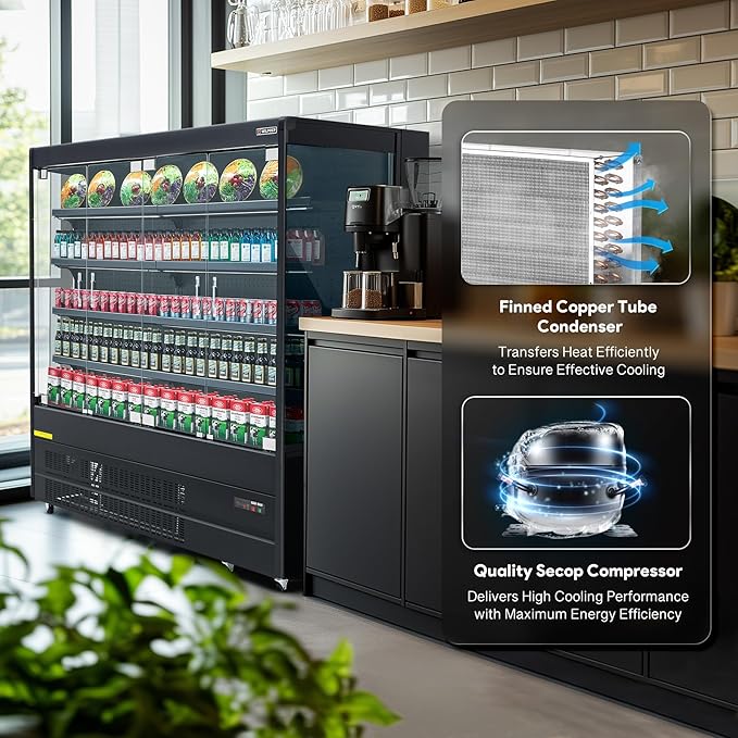 WILPREP Commercial Display Refrigerator, 76" Open Air Merchandiser with 46.9 cu. ft. Volume LED Lighting Night Curtain, Grab and Go Display Refrigerator Showcase for Store Cafe Bar Shop