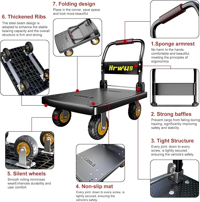 Platform Truck, Foldable Push Cart Dolly with Four 360 Swivel 5'' Wheels, 1200LBS Capacity Heavy Duty Moving Platform Trucks Hand Cart for Groceries, Garage, Warehouse (Black)