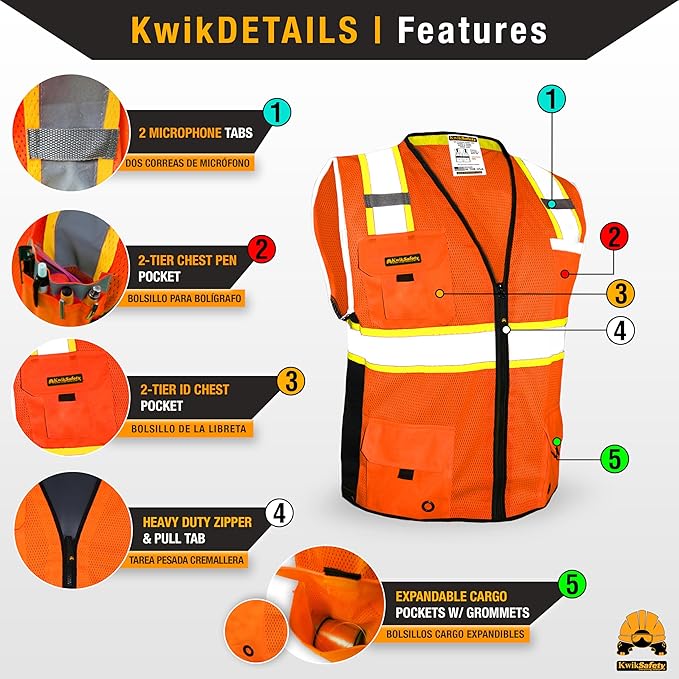 KwikSafety - Charlotte, NC - BIG KAHUNA Safety Vest [11 Pockets] Class 2 ANSI OSHA Reflective Vest Durable High Visibility Vest Construction Safety Vest for Men Industrial Work Gear/Orange XL