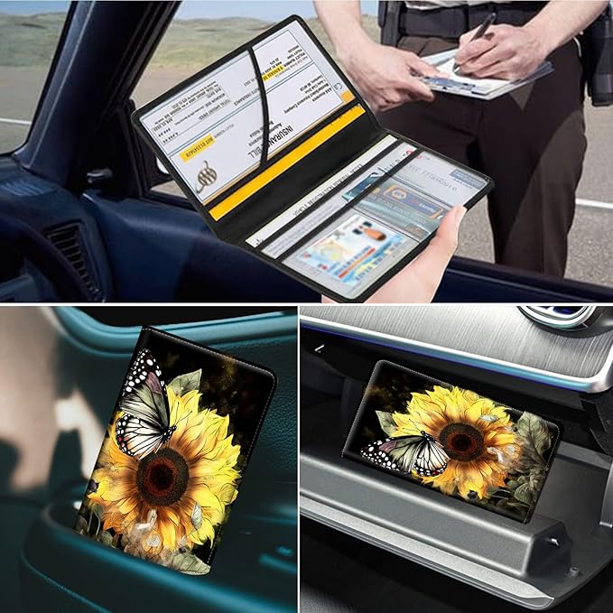 Car Registration and Insurance Holder, Leather Car Glove Box Organizer, Cool Car Accessories for ID, Driver's License Cards & Essential Document,business cards,Men&Women,Sunflowers Butterfly