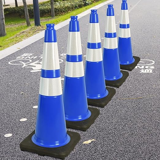 6 Pack 28" Large PVC Traffic Cones with Heavy-Duty Black Base, Garage Parking Lot Cones Structurally Stable Weatherproof Road Construction Safety Cones (6, Blue, 28" Large)