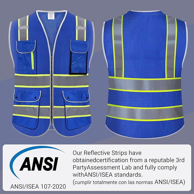 High Visibility Safety Vest - Reflective Breathable Mesh with 9 Pockets, Front Zipper for Men & Women - Meets ANSI/ISEA Standards