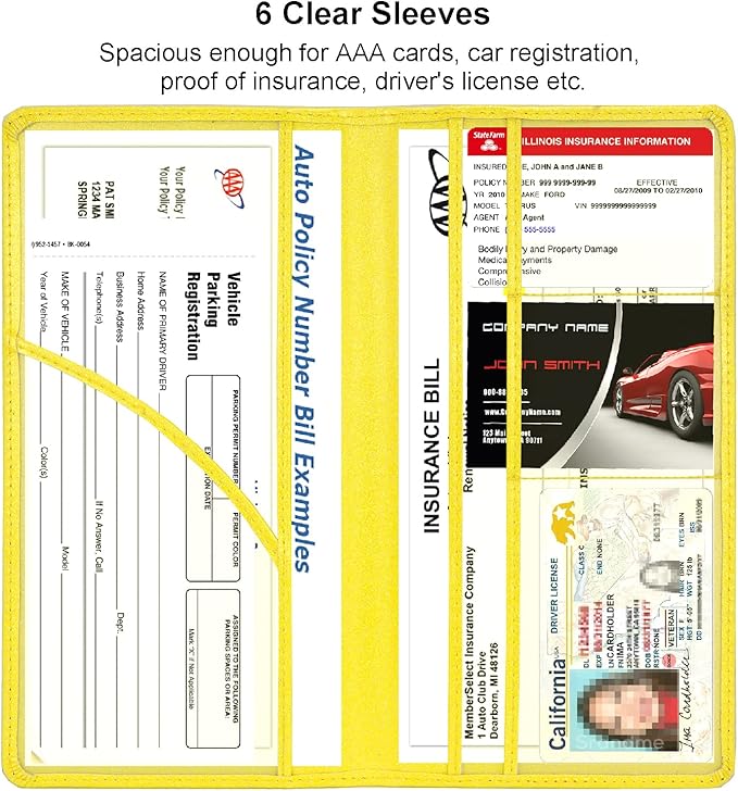 Car Registration and Insurance Holder, Leather Magnetic Shut Vehicle Glove Box Organizer for Document, Card, Driver License, Glitter Yellow