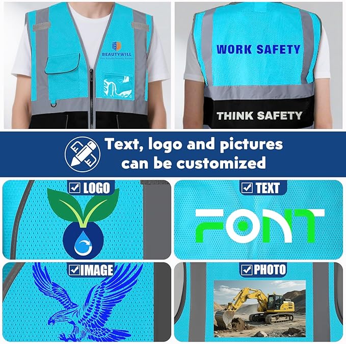 BeautyWill 10/20 Pack Custom Logo Safety Vest,Bulk High Visibility Class 2 Reflective Work Vests