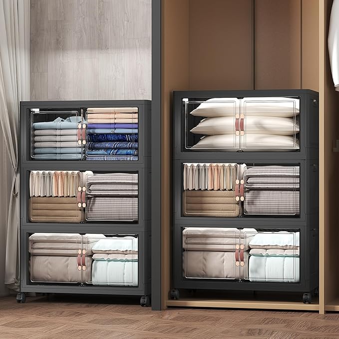 960Qt Stackable Storage Bins with Lids, 6 Pack Large Collapsible Bins with Wheels, Plastic Cabinet with Doors, Foldable Closet Organizers and Storage for Home, Dorm, Office, Black