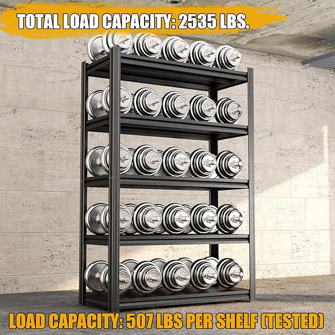 72"H Storage Shelves heavy duty 2535LBS Garage Shelving adjustable metal shel 5 tier shelving Unit metal storage rack for Basement, Warehouse, Pantry, Closet, Kitchen 72" H x 39.4" W x 13.8" D, Black
