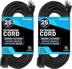 13 Amp Outdoor Extension Cord 25 ft, 2 Pack, 16/3 SJTW 25 Foot Black Extension Cord 3 Prong Multi Pack, Weatherproof ExteriorPower Cable for Outdoor Lights, Landscaping, Lawn, UL Certified