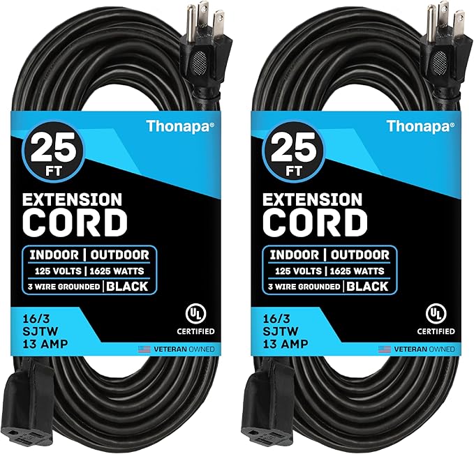 13 Amp Outdoor Extension Cord 25 ft, 2 Pack, 16/3 SJTW 25 Foot Black Extension Cord 3 Prong Multi Pack, Weatherproof ExteriorPower Cable for Outdoor Lights, Landscaping, Lawn, UL Certified