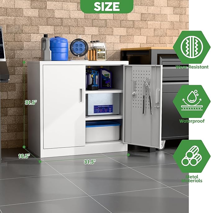 Metal Storage Cabinet with Lock, Lockable Metal Garage Cabinet with Pegboards and Hooks for Garage,Warehouse,Home,Office, Assembly Required,White