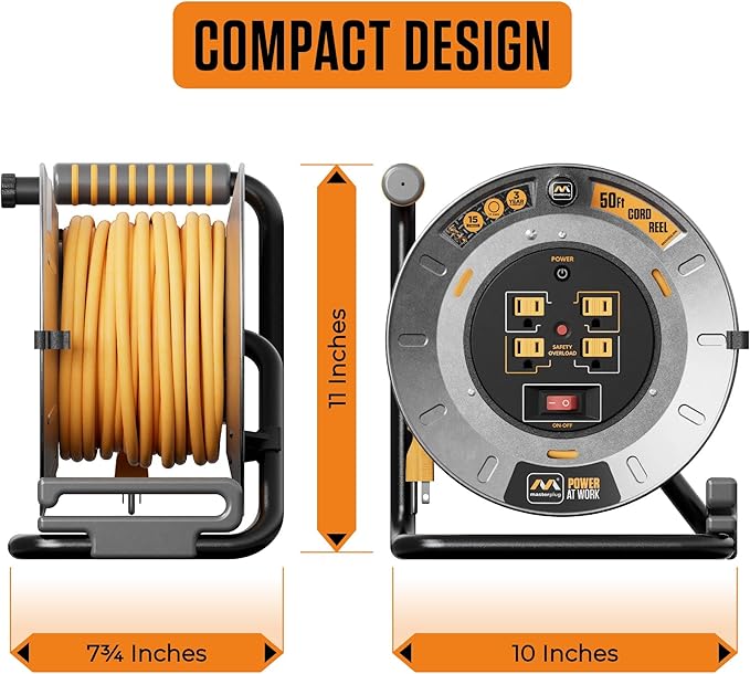 Masterplug 50ft Cord Reel, Metal Steel Cable Drum, Retractable Extension Lead with Winding Handle, Safety Overload Circuit Breaker and Power Switch, 4x Grounded Outlets, 15amps, 12AWG Cable