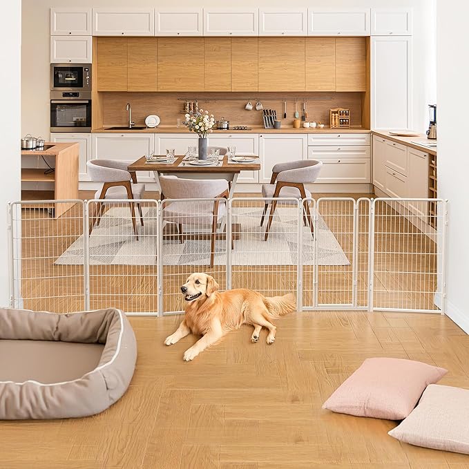 FXW Dog Gate Extra Wide Designed for Indoor Use, Adjustable Width Up to 165-inch Wide (45" H 6 Wire Panels for Large Dogs), White