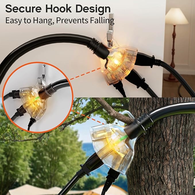 10 ft 12 Gauge 3 Outlet Extension Cord Splitter with Indicator, Waterproof Indoor/Outdoor Extension Cord with Multiple Outlets, 15A 1875W for Home & Workshop, ETL Listed, Flexible Black SJTW