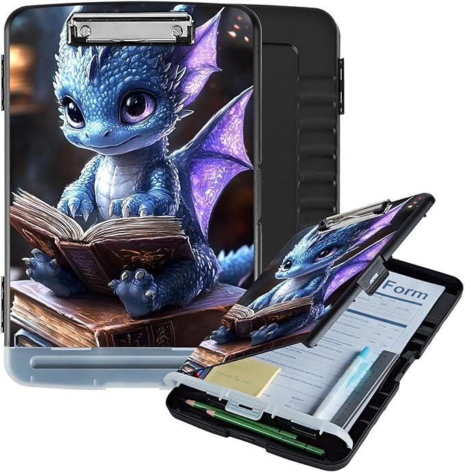 Clipboard with Storage Box & Pen Holder,Heavy Duty Clip Boards 8.5x11 for Nursing,High Capacity,School & Office Supplies,Dragon Reading Book