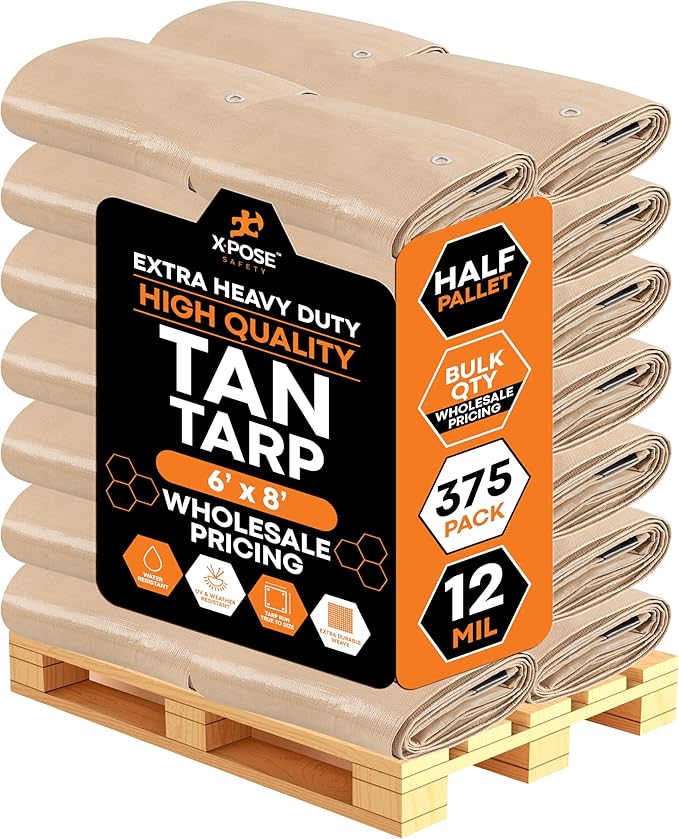 Heavy Duty Tan Poly Tarp 6' X 8' - Bulk Half Pallet (375 Pack) - Multipurpose Protective Cover - Durable, Weather Proof & Tear Resistant - 12 Mil Thick Polyethylene - by Xpose Safety