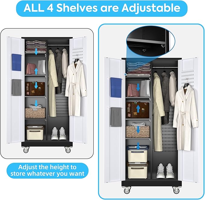 Broom Closet Storage Cabinet with Hanging Rod, 71" H Garage Storage Cabinet with Wheels and Pegboard & 13 Hooks for Garage, Home, Metal Cabinets, Black and White