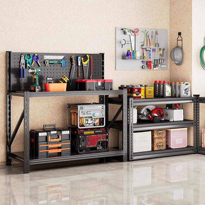 Widened Metal Garage Shelving Unit with Pegboard, Heavy Duty Industrial Storage Shelves with Reinforce Stable Side Beams, Steel Storage Rack for Garage Warehouse Basement, Black