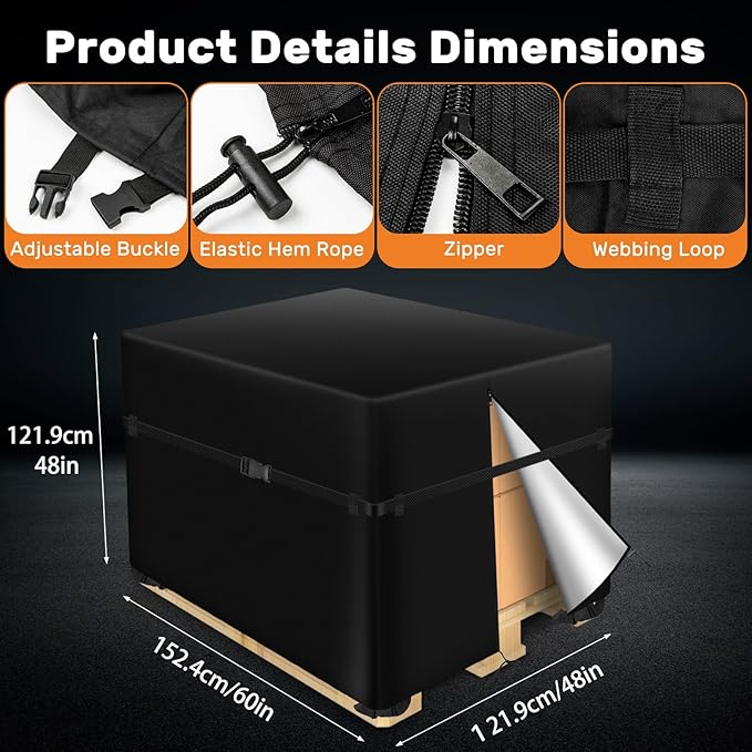 Pallet Covers 48x60x48 Inches - 900D Heavy Duty Waterproof, Triple Protection (Zipper, Reinforced Rope, 4 Buckles) for Industrial Storage & Shipping Supplies (48x60x48 Inches)