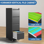 4 Drawer Mobile File Cabinet, Metal Filing Cabinet with Lock and Wheels, Home Office Rolling File Cabinets for Legal/Letter Hanging File Folders, Un-Assembled (Black)
