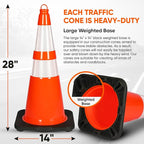Pyle 28-Inch Safety Traffic Cones, 10-Pack Orange Parking Cones with Reflective Collars, Stackable PVC Construction for Roadwork, Sports Training & Events, Solid High-Density Base for Stability