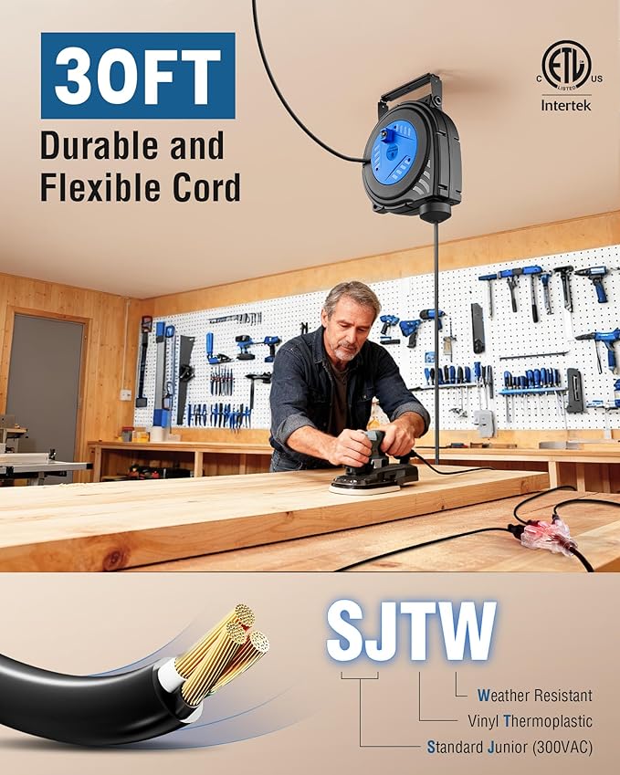 SURAIELEC 30 FT Retractable Extension Cord Reel, 16 Gauge Power Cord with 3 Lighted Outlets, 10A Circuit Breaker, Wall/Ceiling Mount for Garage, Workshop, ETL Listed, Blue